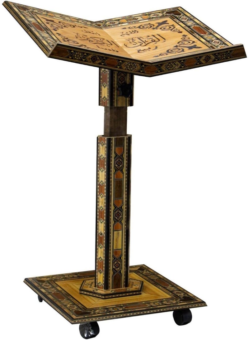 SUNDUS Large Grand Qur’an Stand Made from Damascene Mosaic Wood – Adjustable Height Wooden Quran Holder with Wheels - Image 3